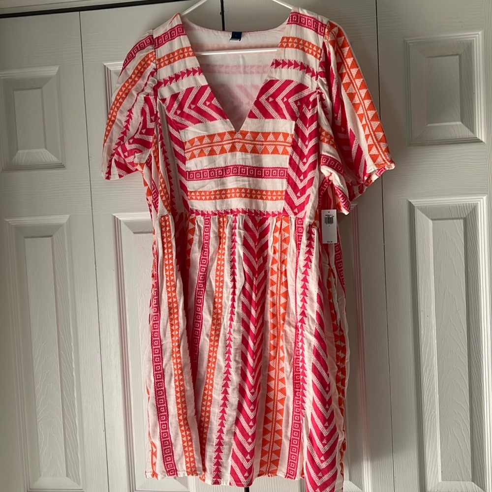 Old Navy Pink and Orange Geo-Print V-Neck Dress